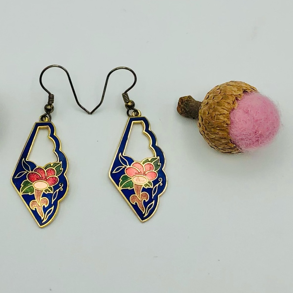 Cloisonné Earrings Vintage Dangle Blue Floral